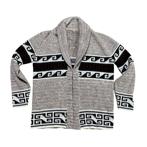 Vintage Mens Tribal Cardigan Sweater XL Brown Cream Open Shawl Collar The Dude - Picture 1 of 6